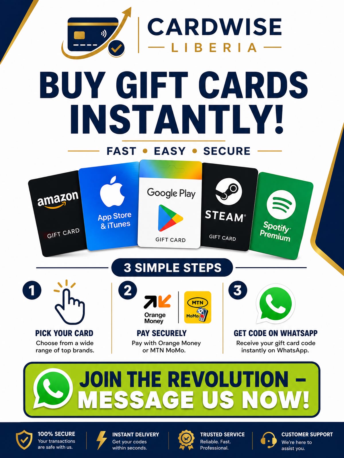 Buy gift cards instantly — Amazon, App Store, Google Play, Steam, Spotify.